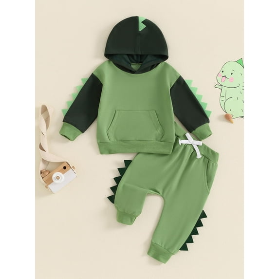 Loicainy Toddler Kids Boy Dinosaur Outfits, Contrast Color Long Sleeve Hoodie Elastic Waist Pants 2 Piece Set for Fall 6 Months to 6 Years
