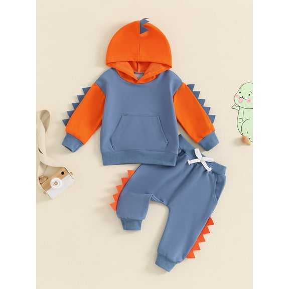 Loicainy Toddler Kids Boy Dinosaur Outfits, Contrast Color Long Sleeve Hoodie Elastic Waist Pants 2 Piece Set for Fall 6 Months to 6 Years