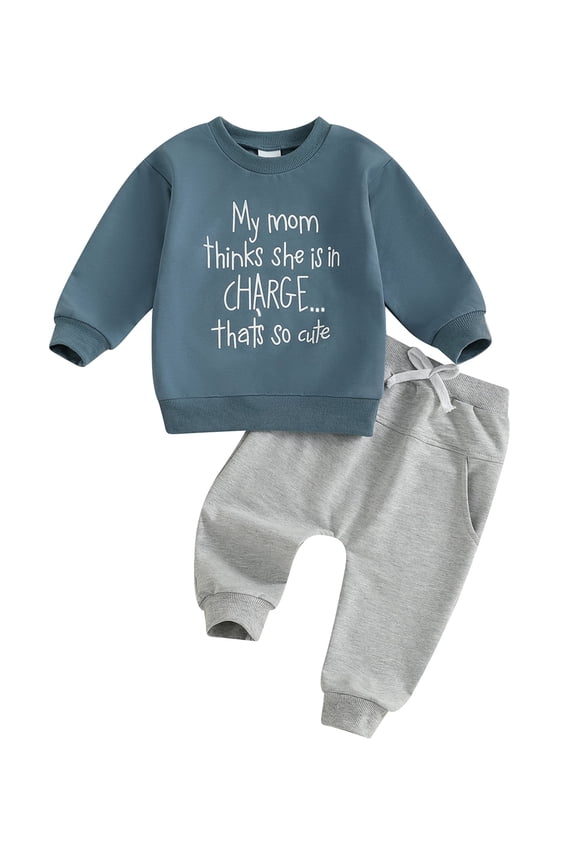 Toddler Kids Boy Spring Fall Clothes Set 12 18 24 Months 2T 3T 4T 5T Letter Print Long Sleeve Round Neck Sweatshirt with Solid Color Pants 2Pcs Outfits