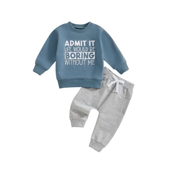 Loicainy Toddler Kids Boy Spring Fall Clothes Set 12 18 24 Months 2T 3T 4T 5T Letter Print Long Sleeve Round Neck Sweatshirt with Solid Color Pants 2Pcs Outfits