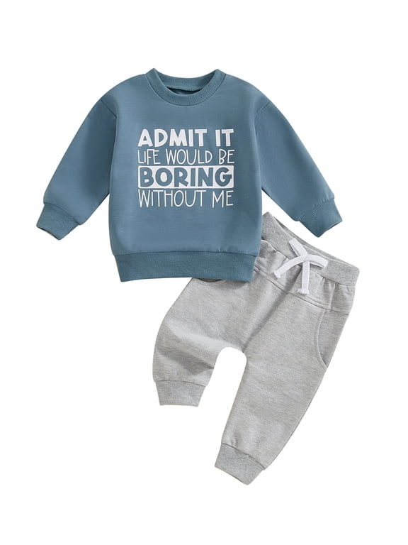 Toddler Kids Boy Spring Fall Clothes Set 12 18 24 Months 2T 3T 4T 5T Letter Print Long Sleeve Round Neck Sweatshirt with Solid Color Pants 2Pcs Outfits