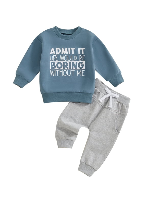 Toddler Kids Boy Spring Fall Clothes Set 12 18 24 Months 2T 3T 4T 5T Letter Print Long Sleeve Round Neck Sweatshirt with Solid Color Pants 2Pcs Outfits