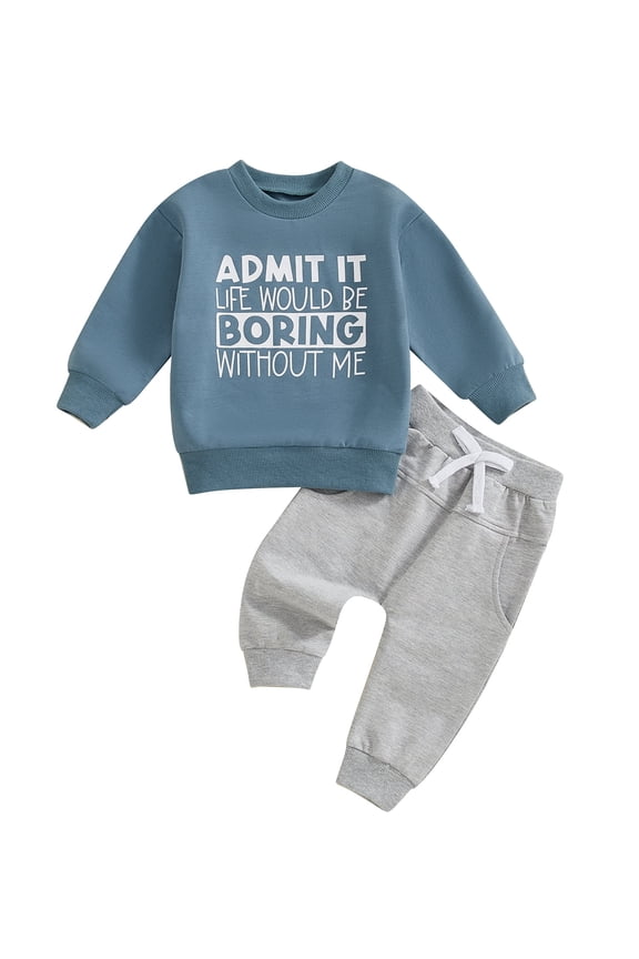 Toddler Kids Boy Spring Fall Clothes Set 12 18 24 Months 2T 3T 4T 5T Letter Print Long Sleeve Round Neck Sweatshirt with Solid Color Pants 2Pcs Outfits
