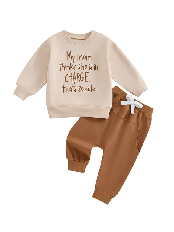 Toddler Kids Boy Spring Fall Clothes Set 12 18 24 Months 2T 3T 4T 5T Letter Print Long Sleeve Round Neck Sweatshirt with Solid Color Pants 2Pcs Outfits