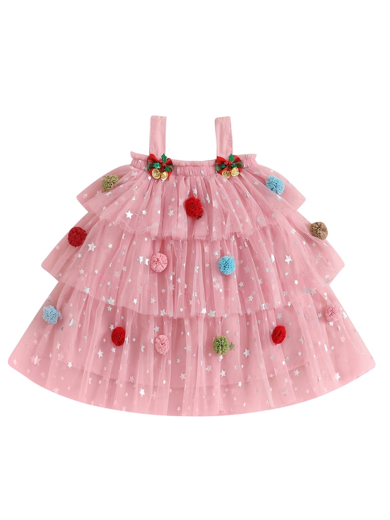christmas dresses for 5t Loicainy Toddler Kids Girl Dress 12 24 Month 2T 3T 4T 6T 7T 8T 9T Star Print Square Neck Sleeveless Layered Tulle with Plush Ball Christmas Hat Size:6-6,5 US / 37