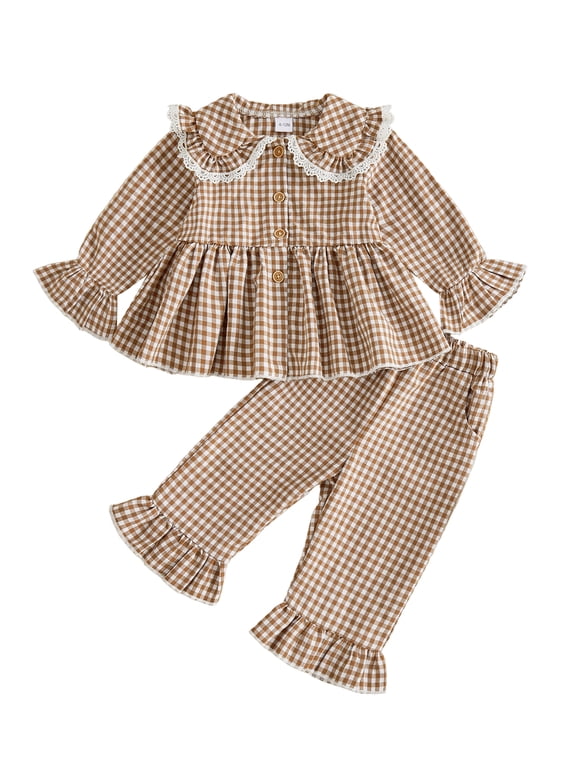 Toddler Kids Girl Fall Outfits 6 12 24 Months 2T 3T 4T 5T Plaid Long Sleeve Doll Collar Button-up Ruffled Tops and Flared Pants 2 Piece Clothes Set