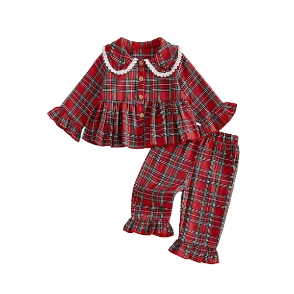 Loicainy Toddler Kids Girl Fall Outfits 6 12 24 Months 2T 3T 4T 5T Plaid Long Sleeve Doll Collar Button-up Ruffled Tops and Flared Pants 2 Piece Clothes Set