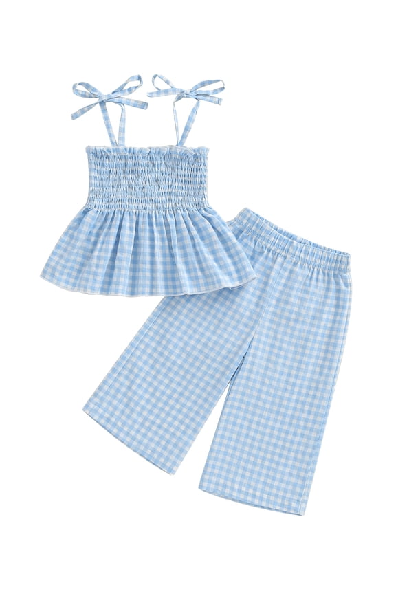 Toddler Kids Girl Summer Outfit 6 9 12 18 24 Months 2T 3T 4T 5T Plaid Clothes Bow Sling Ruffle Top Waffle Pants Set