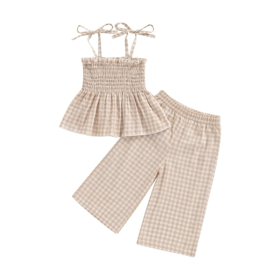 Loicainy Toddler Kids Girl Summer Outfit 6 9 12 18 24 Months 2T 3T 4T 5T Plaid Clothes Bow Sling Ruffle Top Waffle Pants Set