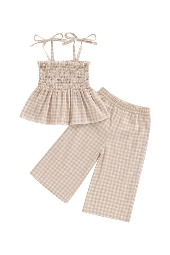 Toddler Kids Girl Summer Outfit 6 9 12 18 24 Months 2T 3T 4T 5T Plaid Clothes Bow Sling Ruffle Top Waffle Pants Set