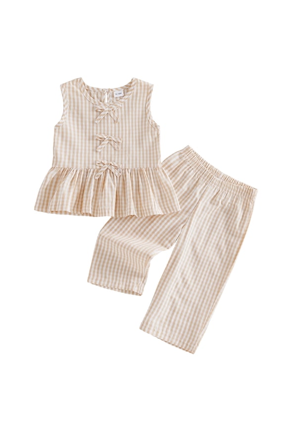 Toddler Kids Girl Summer Outfits 12 18 24 Months 2T 3T 4T 5T Plaid Print Bow Tie Front Tank Tops Elastic Waist Long Pants 2 Pcs Clothes Set