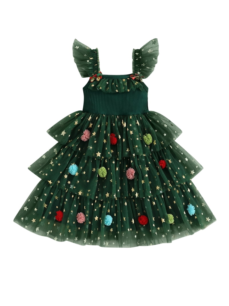 Loicainy Toddler Kids Girl Tulle Christmas Dress 12 18 24 Month 2T 3T 4T 5T 6T Star Ball Square Neck Flying Sleeve A-line Layered Princess Dresses Cute Holiday Clothes