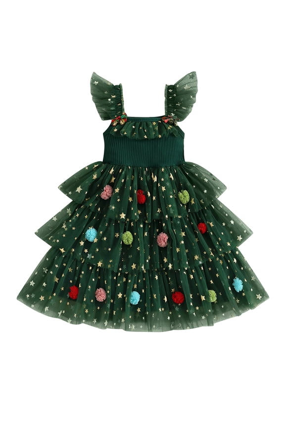Toddler Kids Girl Tulle Christmas Dress 12 18 24 Month 2T 3T 4T 5T 6T Star Ball Square Neck Flying Sleeve A-line Layered Princess Dresses Cute Holiday Clothes