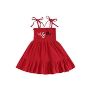 Toddler Kids Girls 4th of July Dress 12 18 24 Months 2T 3T 4T 5T 6T Sleeveless Tie Shoulder Letter Embroidery Smocked Dresses for Independence Day