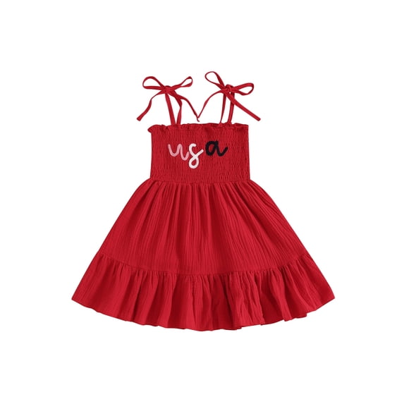 Loicainy Toddler Kids Girls 4th of July Dress 12 18 24 Months 2T 3T 4T 5T 6T Sleeveless Tie Shoulder Letter Embroidery Smocked Dresses for Independence Day
