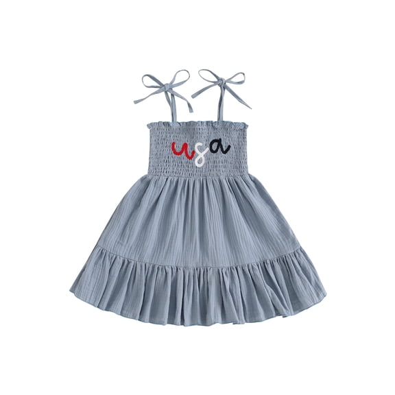 Loicainy Toddler Kids Girls 4th of July Dress 12 18 24 Months 2T 3T 4T 5T 6T Sleeveless Tie Shoulder Letter Embroidery Smocked Dresses for Independence Day