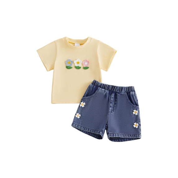 Loicainy Toddler Kids Girls Denim Shorts Outfits Set 12 18 24 Months 2T 3T 4T 5T Short Sleeve Crew Neck Flower T-shirt with Shorts Summer Clothes Sets