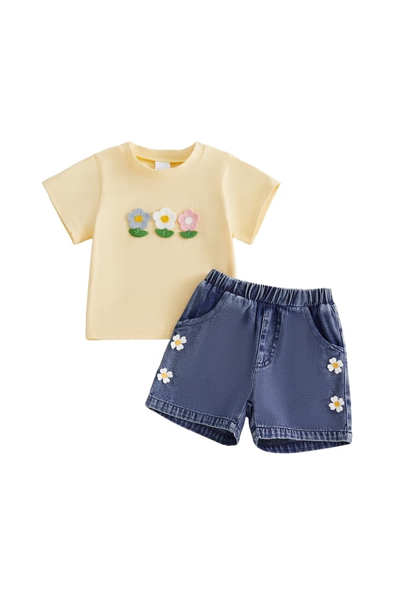 Toddler Kids Girls Denim Shorts Outfits Set 12 18 24 Months 2T 3T 4T 5T Short Sleeve Crew Neck Flower T-shirt with Shorts Summer Clothes Sets