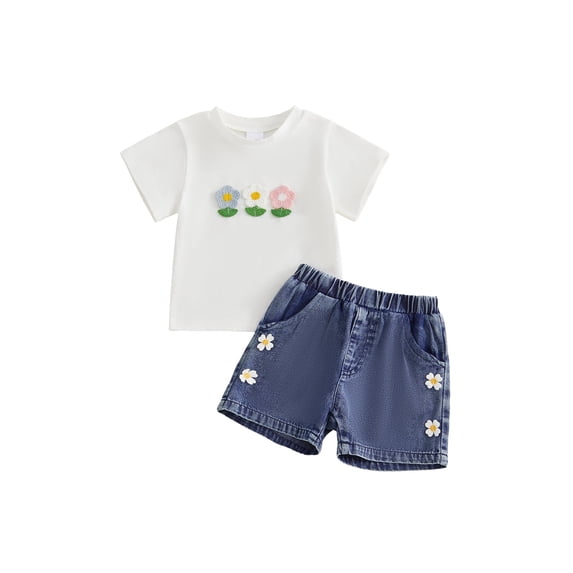 Loicainy Toddler Kids Girls Denim Shorts Outfits Set 12 18 24 Months 2T 3T 4T 5T Short Sleeve Crew Neck Flower T-shirt with Shorts Summer Clothes Sets