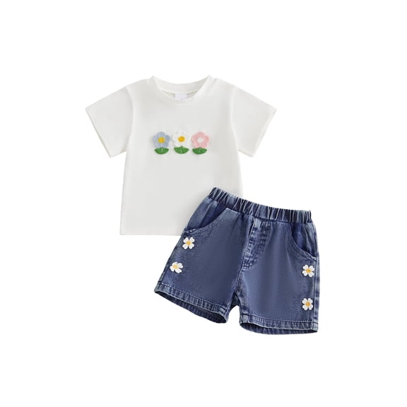 Loicainy Toddler Kids Girls Denim Shorts Outfits Set 12 18 24 Months 2T 3T 4T 5T Short Sleeve Crew Neck Flower T-shirt with Shorts Summer Clothes Sets