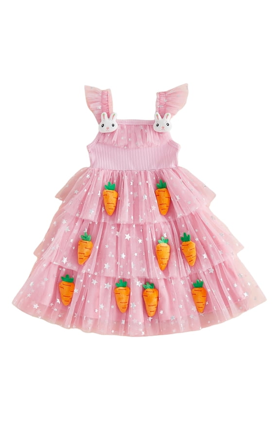 Toddler Kids Girls Easter Tutu Dress 12 18 24 Months 2T 3T 4T 5T 6T Adorable Flying Sleeve Square Neck 3D Carrot Bunny Decorated Tulle Princess Dresses