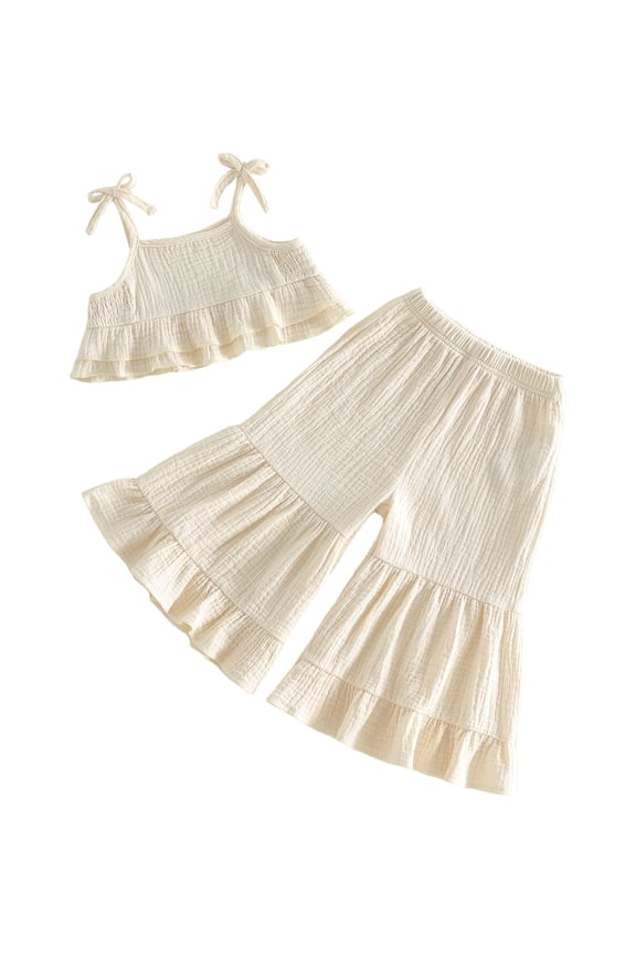 Toddler Kids Girls Strappy Top Flare Pants Clothes Set 6 12 18 24 Months 2T 3T 4T 5T Tie-up Sleeveless Camisole with Pants Solid Summer Outfit