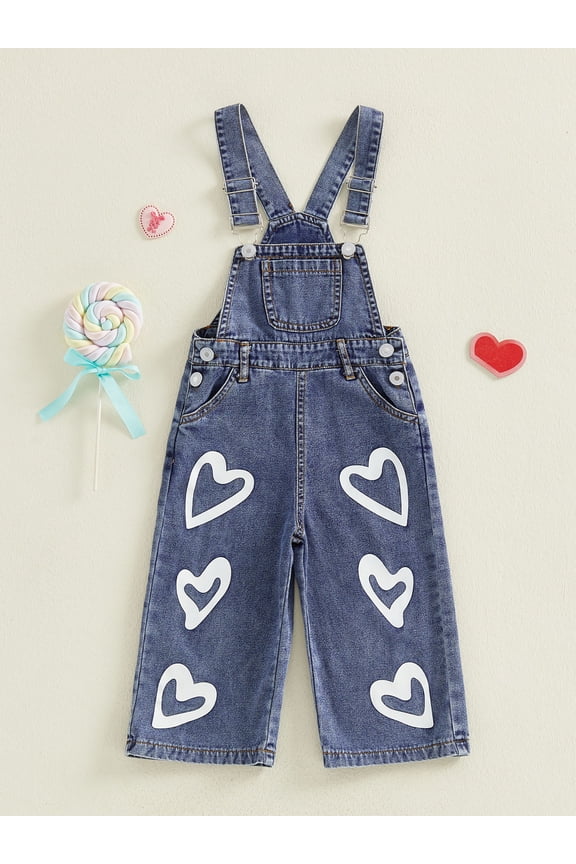 Toddler Kids Little Girls Denim Overalls 12 18 24 Months 2T 3T 4T 5T 6T Heart Print Sleeveless Full Length Romper with Pockets