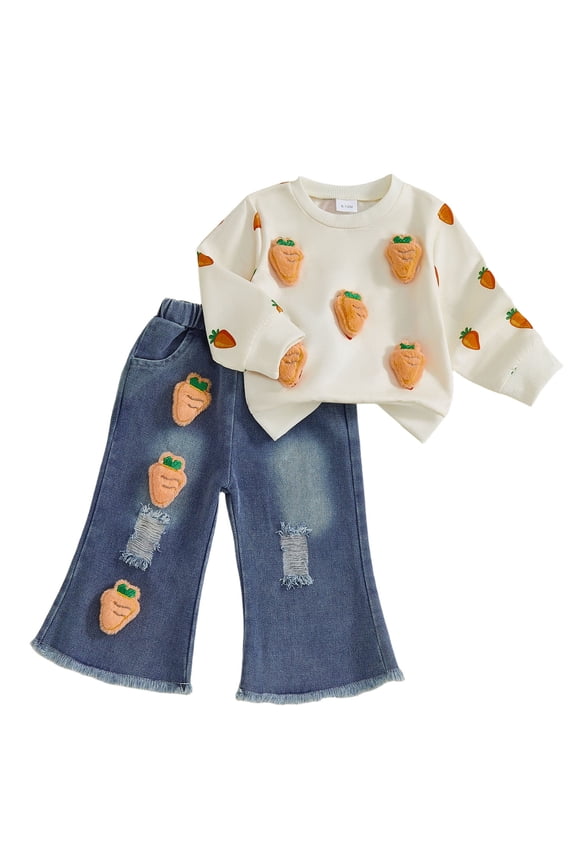 Toddler Kids Little Girls Easter Clothes Set 6 12 18 24 Months 2T 3T 4T 5T 6T 7T Bunny/Carrot Decor Pullover with Denim Bell Bottom 2Pcs Outfit