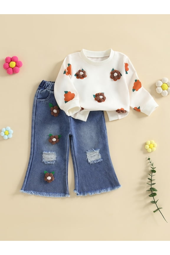 Toddler Kids Little Girls Fall Outfits Crochet Flowers Long Sleeve Sweatshirt and Elastic Ripped Denim Flare Pants Clothes Set 6 Months to 7 Years