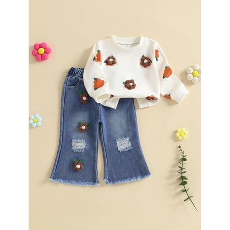 Loicainy Toddler Kids Little Girls Fall Outfits Crochet Flowers Long Sleeve Sweatshirt and Elastic Ripped Denim Flare Pants Clothes Set 6 Months to 7 Years