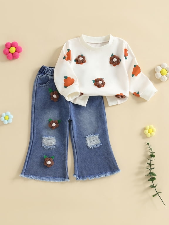 Toddler Kids Little Girls Fall Outfits Crochet Flowers Long Sleeve Sweatshirt and Elastic Ripped Denim Flare Pants Clothes Set 6 Months to 7 Years