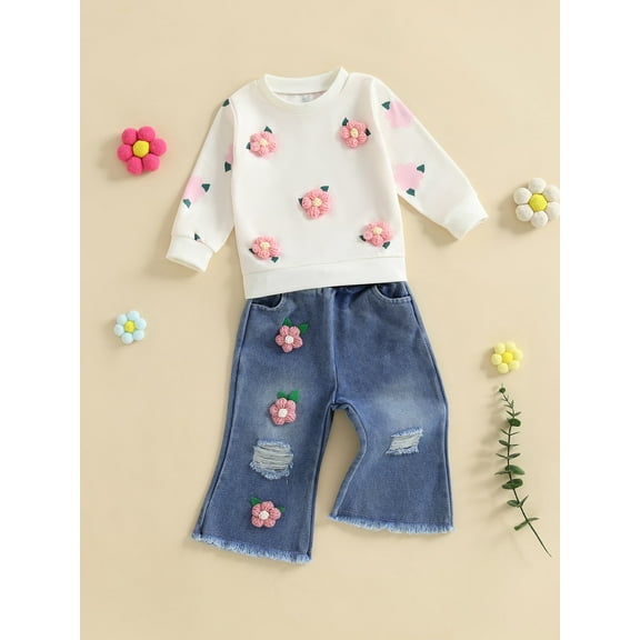 Loicainy Toddler Kids Little Girls Fall Outfits Crochet Flowers Long Sleeve Sweatshirt and Elastic Ripped Denim Flare Pants Clothes Set 6 Months to 7 Years