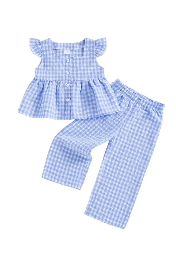 Toddler Kids Girls Plaid Clothes Set 12 18 24 Months 2T 3T 4T 5T Flying Sleeve Button Up A-line Tops Long Pants Summer Outfits