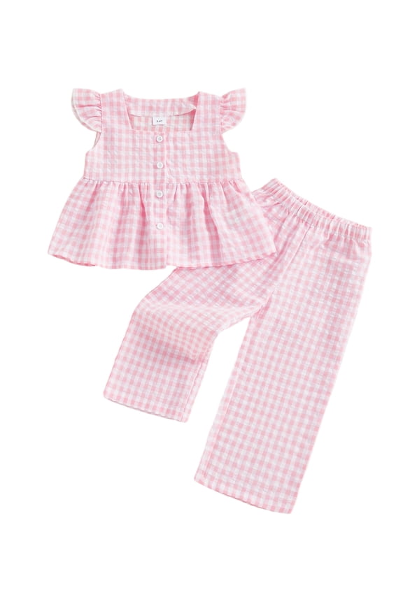 Toddler Kids Girls Plaid Clothes Set 12 18 24 Months 2T 3T 4T 5T Flying Sleeve Button Up A-line Tops Long Pants Summer Outfits