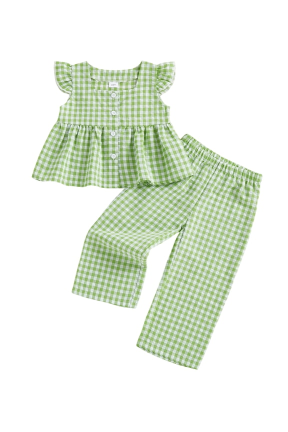 Toddler Kids Plaid Clothes Set 12 18 24 Months 2T 3T 4T 5T Flying Sleeve Button Up A-line Tops Long Pants Summer Outfits
