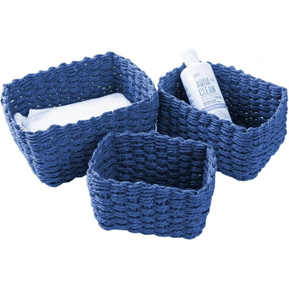 Loinfe 3 PCS Woven Basket for Bedroom Clothes and Socks Storage Box  in Bathroom Toiletries Beauty Basket for Girls Dresser Storage Boxes-Blue