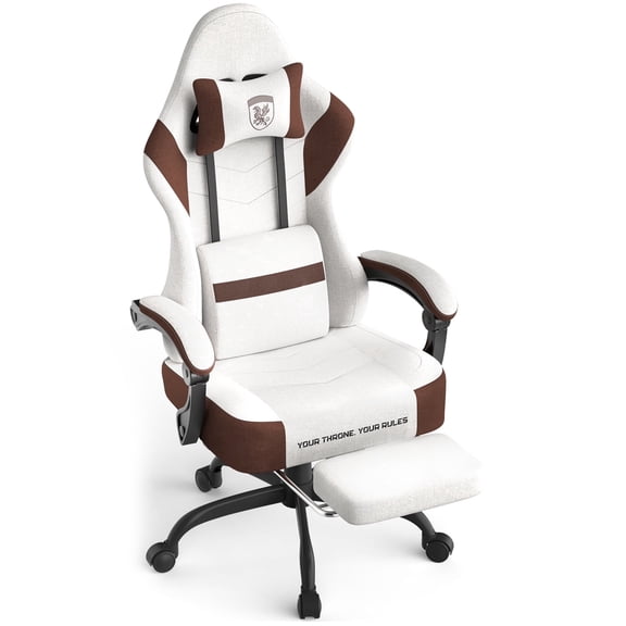 SOONTRANS Fabric Beige Gaming Chair with Footrest, Linen Ergonomic Computer Chair with Massage Lumbar Pillow, Gamer Chair with Adjustable Headrest, Comfortable Office Chair for Home, Beige and Coffee