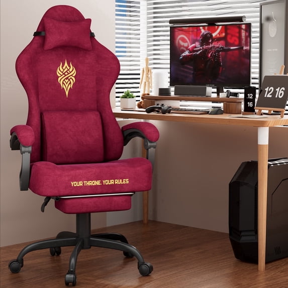 SOONTRANS Red Velvet Fabric Gaming Chair for Adult, Ergonomic Comfortable Office Computer Chair with Footrest, Reclining Video Gamer Game Desk Game Chairs with Massage Lumbar Cushion,Headrest