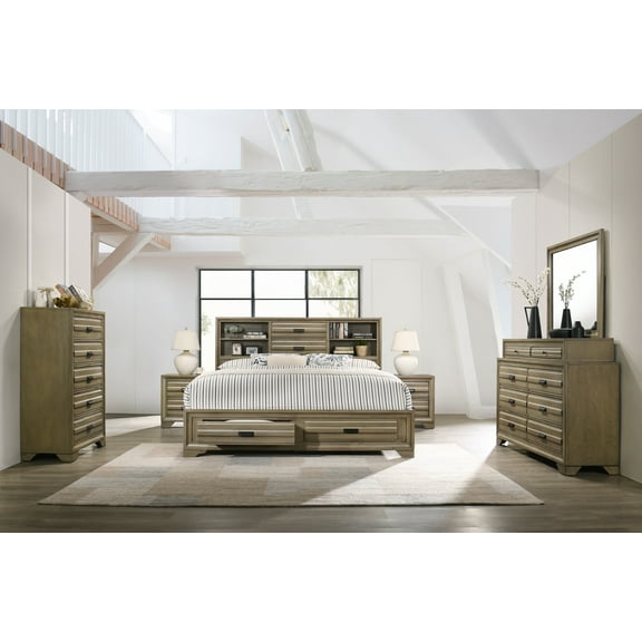 Loiret Light Grey Finish Wood Storage Platform King Bedroom Set with Dresser, Mirror, Two Nightstands, Chest