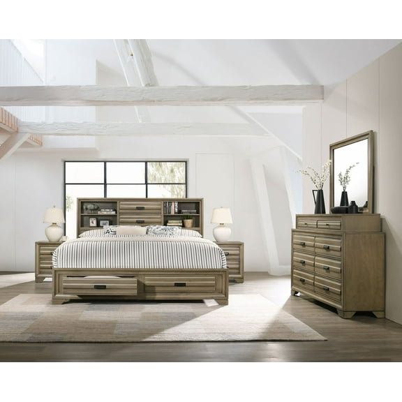 Loiret Light Grey Finish Wood Storage Platform Queen Bedroom Set with Dresser, Mirror, Two Nightstands