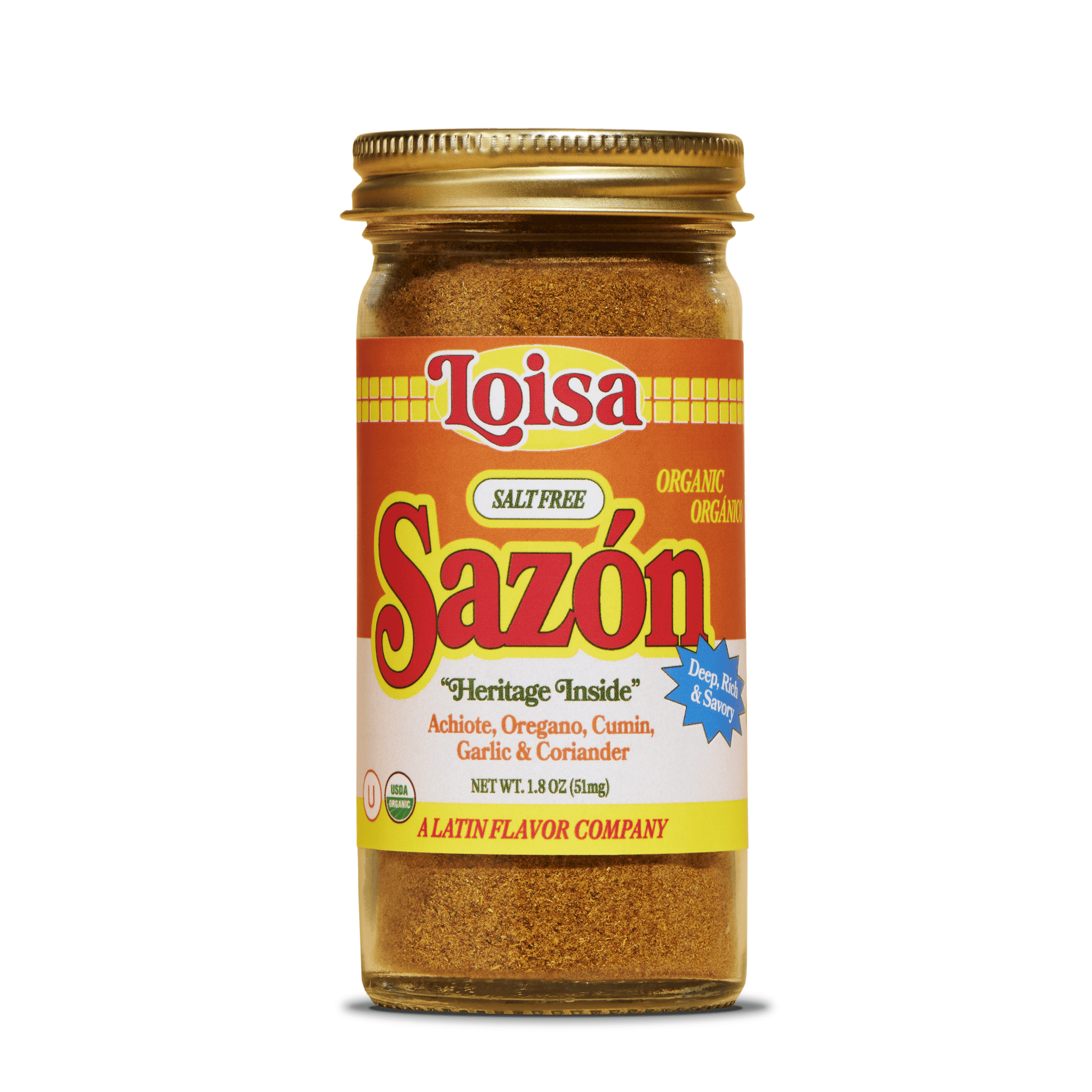 Loisa SALT-FREE Sazón Seasoning, USDA Organic, Non-GMO, No-MSG, No Preservatives, No Artificial Coloring, No Artificial Flavors, Pure Latin Flavor, 1.8 oz, Pack of 1