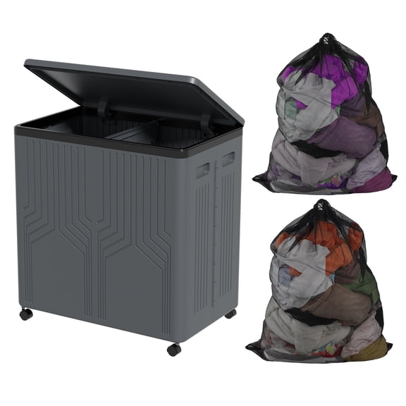 Loiycg 120 L Collapsible Plastic Double Laundry Hamper with Wheels and Removable Bags, Gray, 1 Pack