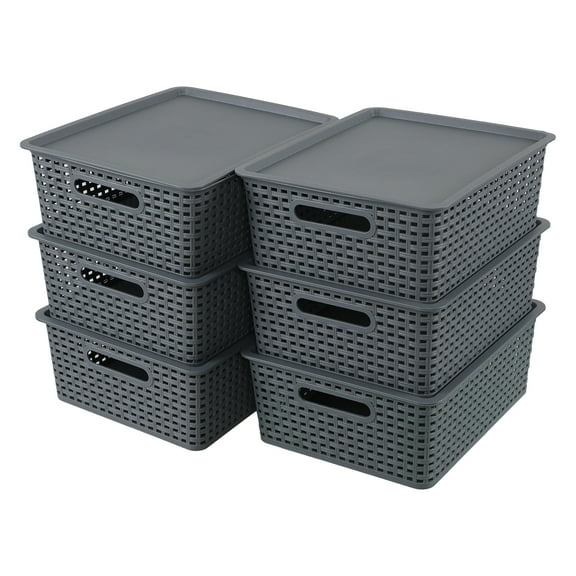 Loiycg 6 Pack Lidded Plastic Storage Baskets, Stackable Weave Organizer Basket for Shelves, Dark Grey