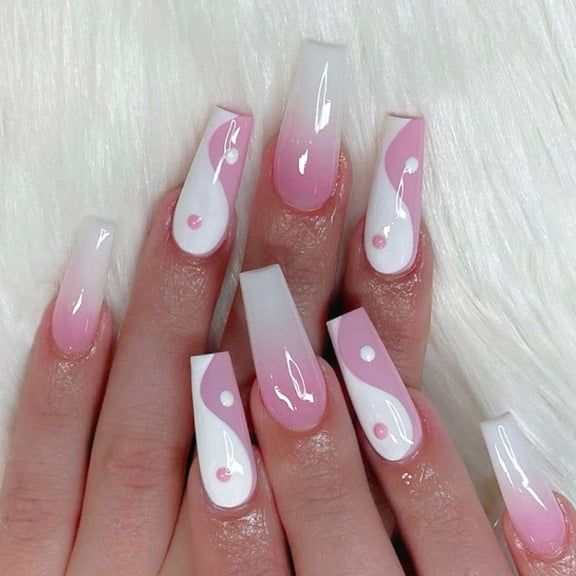 Lojalitet Pink Fake Nails Acrylic Glossy Chinese Design False Nails Prom TaiChi Nails Women's (24 pcs)