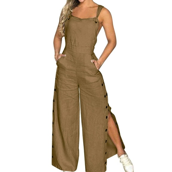 Lojoutye 2025 NEW Women's Summer Sleeveless Twisted Bodysuit Jumpsuit for Women Knot Strappy Pants Button Pantsuit for Women Openings Loose Long Pants Beach Cov