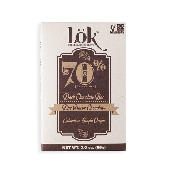 Lok Premium Dark Chocolate Bar  70 % Cacao, 3.0 oz, Colombian Single Origin, Single Unit
