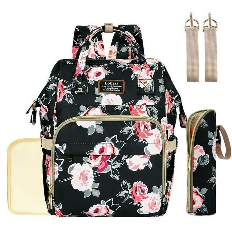 Lokass Waterproof Peony Mummy Diaper Bag Backpack with Bottle Warmer Large Capacity Changing Pad Maternity Travel Nappy Bags
