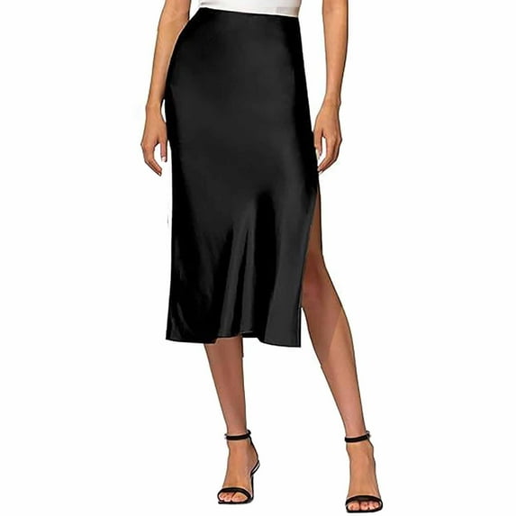 Lokdsa Clearance Skirts for Women Trendy Summer Womens Satin Silk High Waist Slit Midi Skirt Elastic Waistband Midi Skirts Elegant and Handsome Half Skirt for Women Black