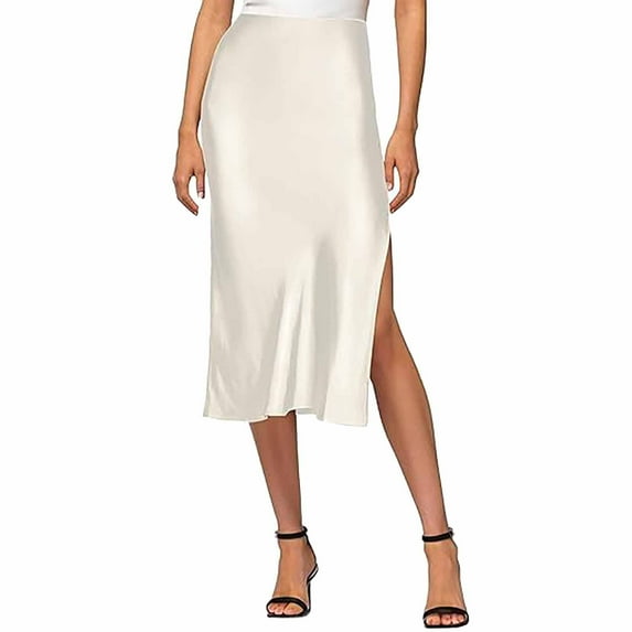 Lokdsa Clearance Skirts for Women Trendy Summer Womens Satin Silk High Waist Slit Midi Skirt Elastic Waistband Midi Skirts Elegant and Handsome Half Skirt for Women White