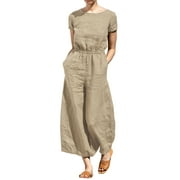 Lokdsa Womens Summer Clothes Women'S Solid Color High Waist Short Sleeve Showing Thin Trousers Women'S Fashion Casual Loose Type Jumpsuit Two Piece Sets for Women Beige